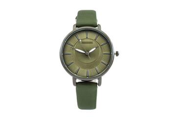 Classic fashion green wristwatch with green leather strap and green dial face, isolated on white...