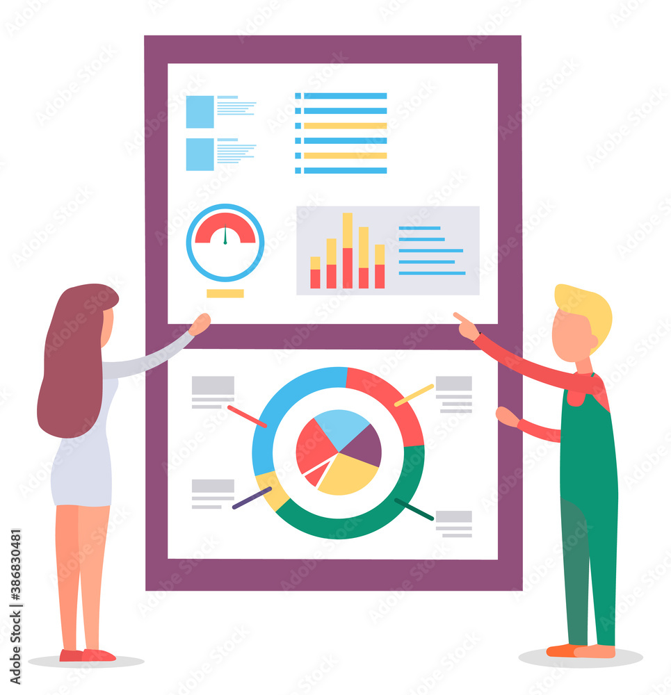Poster man and woman look on statistics diagrams and charts. project metrics on presentation. big board wit