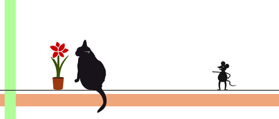 The black cat is enjoying the scent of the Amaryllis flower, and the mouse is laughing at the cat. Vector illustration isolated on a white background.  © venecia
