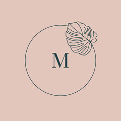 Monstera leaf Monogram design in simple minimal linear style. Vector Exotic Floral Wreath with Tropical leaves and the letter M for Beauty, SPA salon, Creative Studio