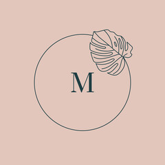 Monstera leaf Monogram design in simple minimal linear style. Vector Exotic Floral Wreath with Tropical leaves and the letter M for Beauty, SPA salon, Creative Studio © Sini4ka