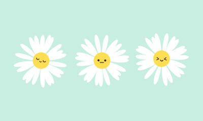 Daisy flower cartoon with cute face on green background vector illustration.