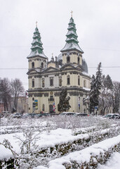 Snowy winter morning in Ternopil, Ukraine