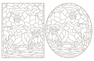 Set of contour illustrations of stained glass Windows with wild bulls on a background of forest landscape, dark contours on a white background