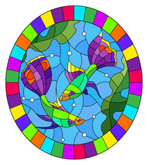 Illustration in stained glass style with bright fishes on the background of water and algae, oval image in bright frame