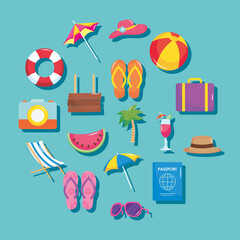 summer vacation travel, set icons include suitcase palm cocktail passport sunglasses hat and more