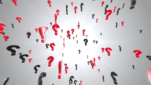 Question Marks Falling Down and Rotation in the Air Loop Background. Sign why, who, what, when, where words blast explosion. Take a decision. question Answer. Puzzle, doubt, confusion, thinking.