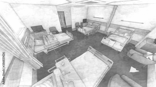 病院 病室 テーブル有り 食べ物あり 人なし 布団有り イラスト9 Abstract Wall Mural Abstra Hiro Studio