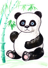 Next to a bamboo tree sits a blue-eyed Panda, all painted with watercolors. Cute little fat animal.