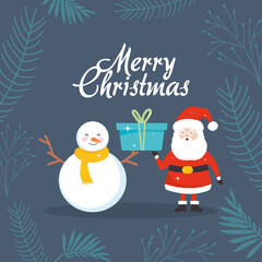 Merry christmas design with cartoon snowman and santa claus holding a gift box
