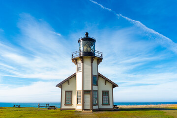 lighthouse on the coast of state country. Point Cabrillo Lighthouse.