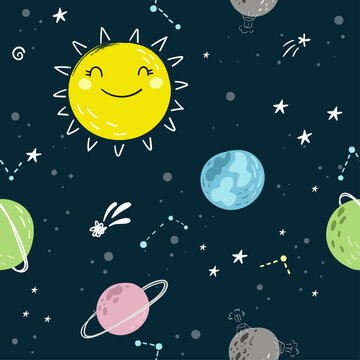 Seamless childish pattern with Cute cartoon moon, stars, comets and planet in the night sky. Good night vector pattern