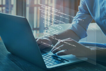 Naklejka na ściany i meble programmer writing programming code script on virtual screen