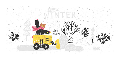 Fototapeta na wymiar Funny bear rides through the forest on a bulldozer. Winter forest landscape. Snow removal. Winter postcard.