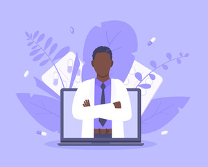 Online doctor medical service concept with doctor in the laptop vector illustration. Telemedicine web consultation for patients health care check ups and taking medicine prescription pills.