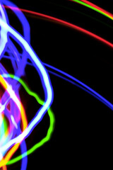 Christmas lights in blurry focus and motion long-exposure photo. Abstract background. Swirl effect. New year, power energy, LED, sci-fi, neon, magic, business or electricity concept photo.