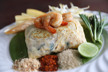 Local Thai food pad thai fried noodle with shrimp