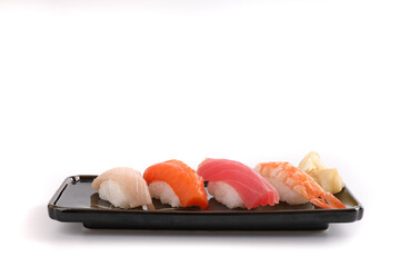 Sushi set , Japanese food sushi salmon tuna shrimp  and sea bass isolated in white background
