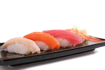 Sushi set , Japanese food sushi salmon tuna shrimp  and sea bass isolated in white background