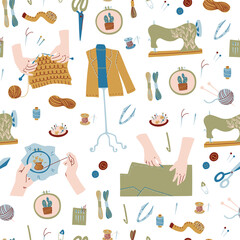 Pattern with Knitting and Sewing Tools. Vector Doodle Elements. 