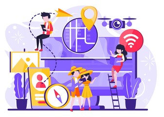 tourists who are looking for tourist destinations with the help of his smartphone. Tiny people illustration. Vector illustration