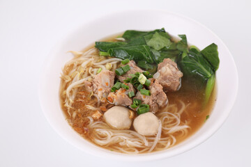 Local Thai food , Noodle with meat ball and pork isolated in white background