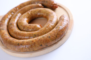 Local Northern Thai food , Northern Thai spicy sausage street food isolated in white background
