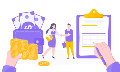 Loan money installment or credit approval business concept vector illustration. Salary payment, online payment symbols with people working together, large clipboard and money coins.