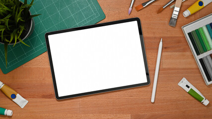 Workspace with tablet, stylus and paint tools include clipping path