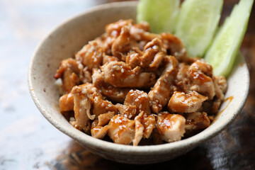japanese food Chicken teriyoki with rice on wood background