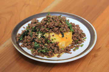 omelette, omelet and stir fried basil with pork and rice