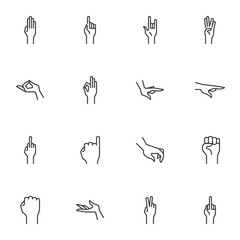 Human hand gestures line icons set, outline vector symbol collection, linear style pictogram pack. Signs, logo illustration. Set includes icons as arm fist up, hand ok sign, one finger pointing, palm