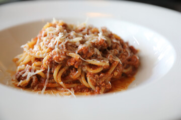 spaghetti Bolognese with minced beef and tomato sauce