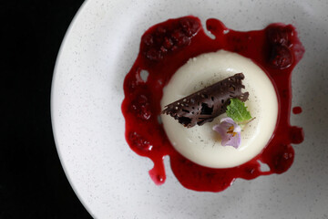 Panna cotta dessert with strawberry sauce