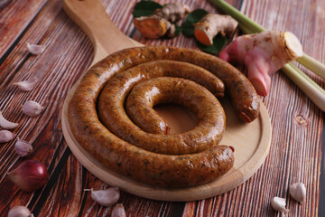 Local Northern Thai food , Northern Thai spicy sausage street food isolated in white background