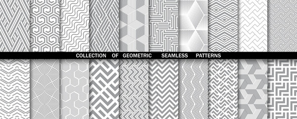 Geometric set of seamless gray and white patterns. Simple vector graphics.