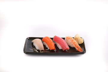 Sushi set , Japanese food sushi salmon tuna shrimp  and sea bass isolated in white background
