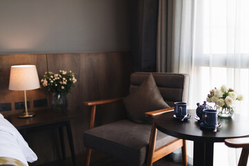 Wooden black and grey modern table and desk in bedroom
