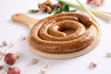 Local Northern Thai food , Northern Thai spicy sausage street food isolated in white background