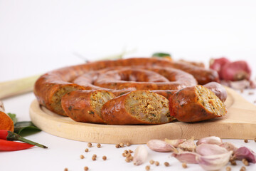 Local Northern Thai food , Northern Thai spicy sausage street food isolated in white background