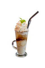 white glace, coffee with ice-cream and whip cream in the coffee shop, with a stainless reusable straw isolated on white background