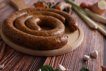 Local Northern Thai food , Northern Thai spicy sausage street food isolated in white background