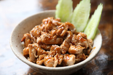 japanese food Chicken teriyoki with rice on wood background