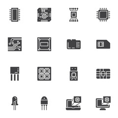 Computer microchip vector icons set, modern solid symbol collection, filled style pictogram pack. Signs logo illustration. Set includes icons as cpu processor, pc chip, circuit board, laptop hardware
