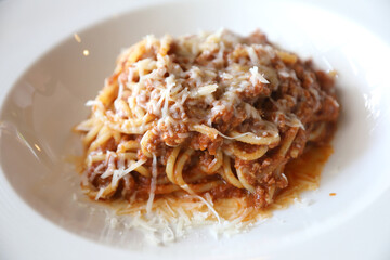 spaghetti Bolognese with minced beef and tomato sauce