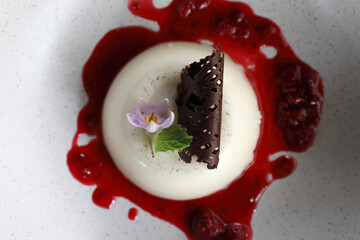 Panna cotta dessert with strawberry sauce