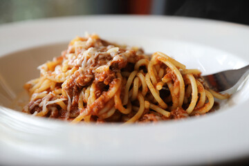 spaghetti Bolognese with minced beef and tomato sauce