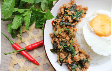 Stir fry pork with basil leaf and fried egg on rice ( Ka Prao moo Kai Dow) with some ingredients-...