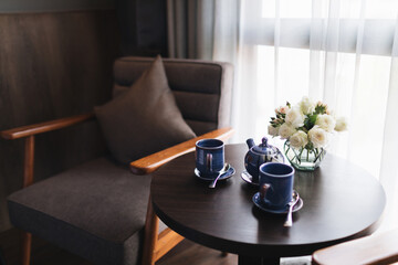 Wooden black and grey modern table and desk in bedroom