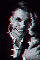 Portrait of Caucasian man. Black and white with 3D glitch virtual reality effect